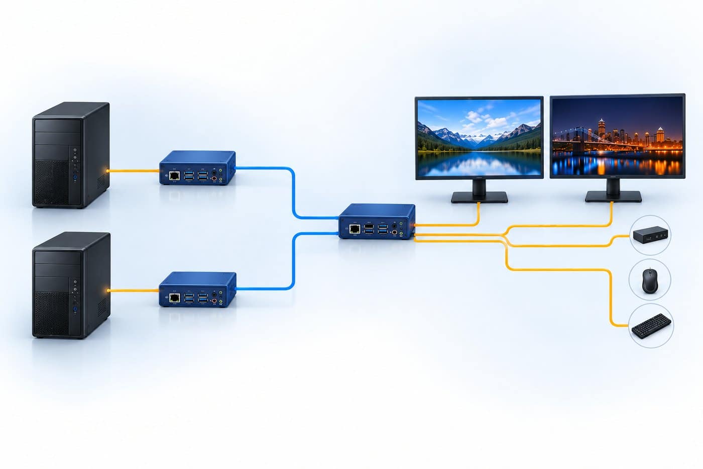Front Bridging: two PCs shown on two monitors from one remote dual extender